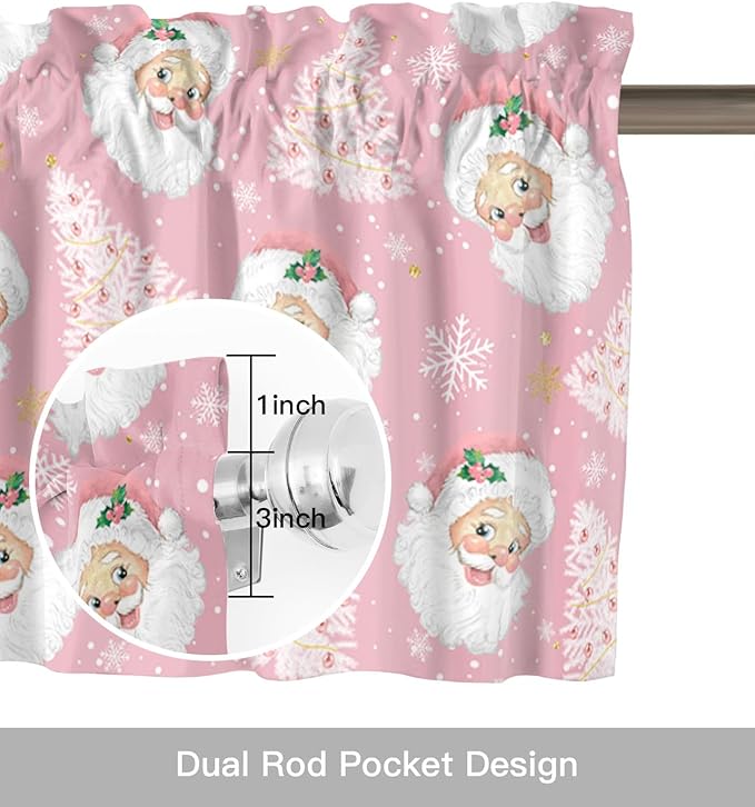 Pink Christmas Valance Curtains for Kitchen Windows Santa Claus Merry Christmas Tree Rod Pocket Window Treatment Toppers for Kitchen/Living Room/Bedroom/Bathroom, 42" X 12", Winter Snowflake