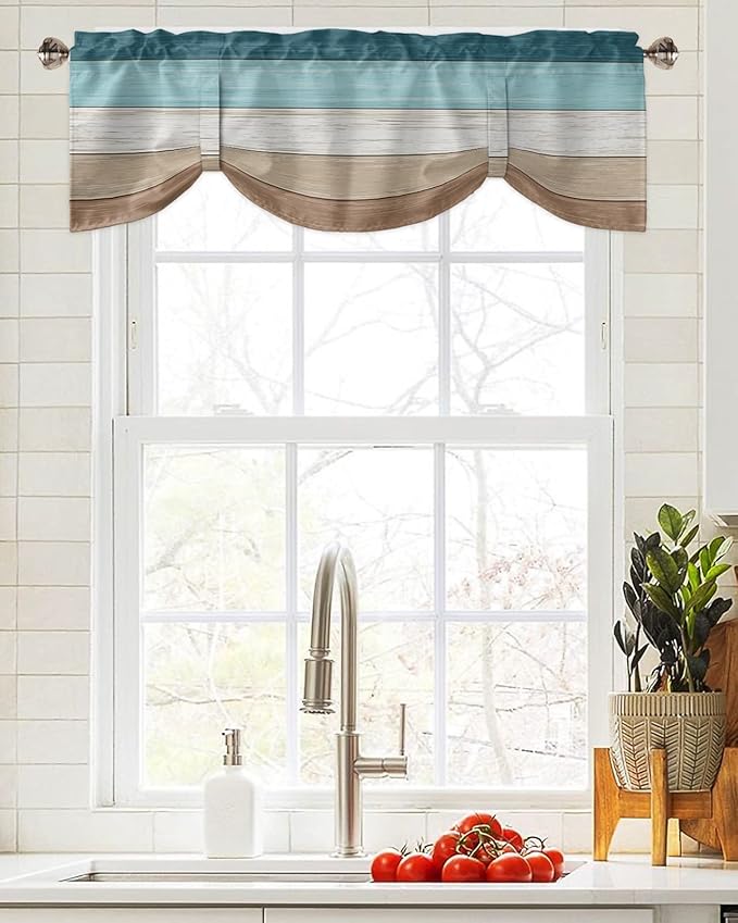 Farmhouse Blackout Tie Up Valance Curtains for Kitchen Windows,Teal Blue Brown Beach Window Toppers Balloon Shades for Living Room/Bathroom/Bedroom,1 Panel,60" X 18" Retro Rustic Barn Wood Texture