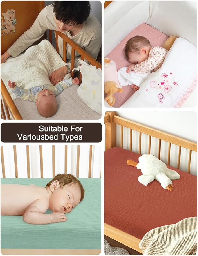 28" x 52" Fitted Crib Sheet for Girl, Pink Muslin Baby Crib Sheets for Standard Crib Mattress, Soft and Breathable Neutral Cotton Crib Sheets (46C-01)