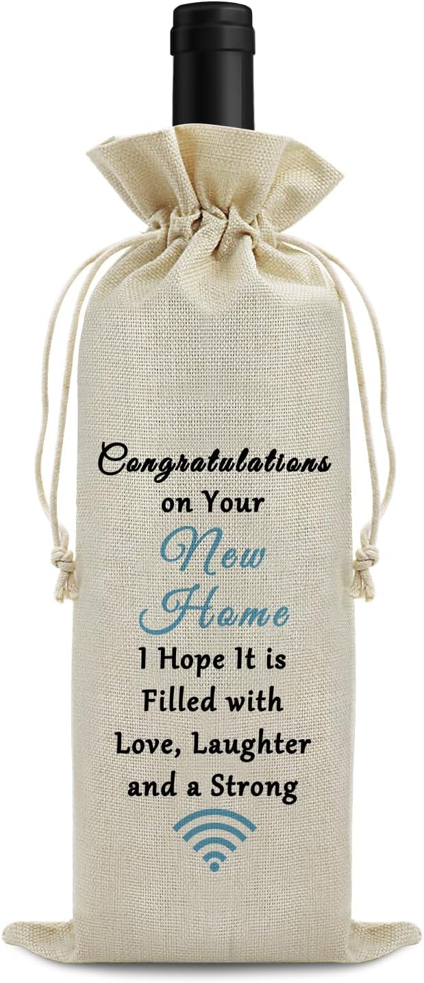 Housewarming Gift New Home Gift Wine Gift Bag First New Home Gift for Homeowner Friends Men Coworker Housewarming Party Decors Wine Bottle Wrap Bag Christmas Gift for Host Drawstring Burlap Wine Bag