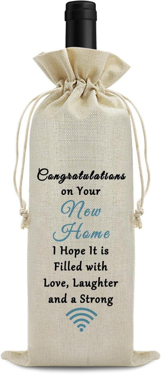 Housewarming Gift New Home Gift Wine Gift Bag First New Home Gift for Homeowner Friends Men Coworker Housewarming Party Decors Wine Bottle Wrap Bag Christmas Gift for Host Drawstring Burlap Wine Bag