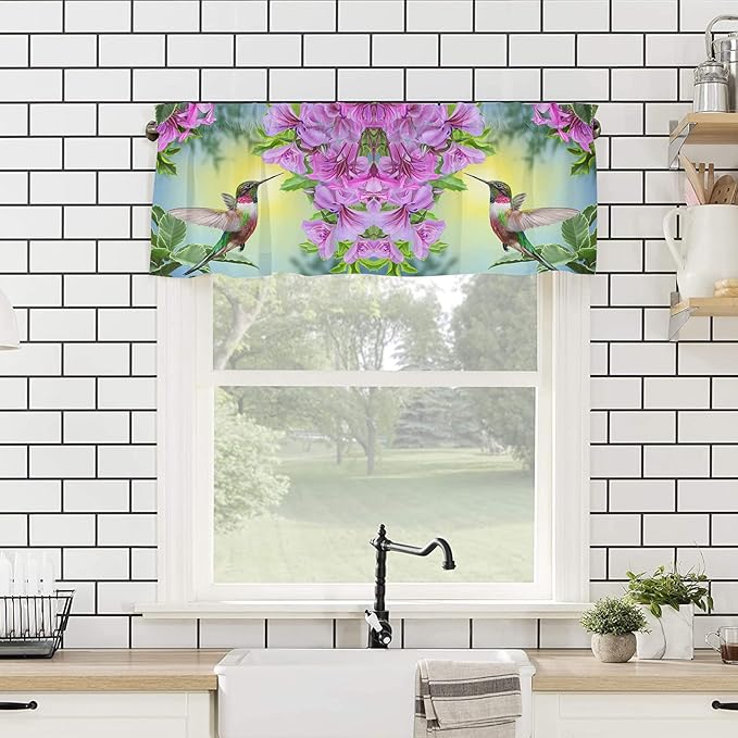 Pink Flowers Valance Curtains for Kitchen Window, Hummingbird Rod Pocket Valances Window Treatments Short Curtains for Bedroom/Living Room,54" X 18" -1 Panel,