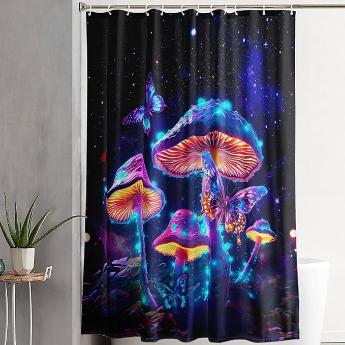 AILONEN Magic Mushroom Shower Curtain for Kids Girls,Glowing Mushrooms and Starry Night Waterproof Fabric Shower Curtain for Bathroom,Butterfly Plants Shower Curtain Set with Hooks,72" W*72" H