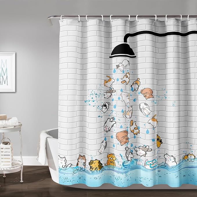 AILONEN Cute Cat Shower Curtain for Kids 72" W*78" H Inch,Colorful Animals Playing Water Kids Lovely Funny Hilarious Shower Curtain,12 Pack Hooks Polyester Waterproof Fabric Decor for Bathroom