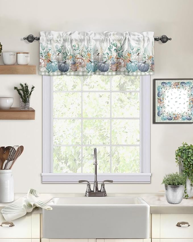 Fall Thanksgiving Kitchen Curtains Valances for Windows Navy Blue Pumpkins Green Eucalyptus Leaves Rod Pocket Window Treatment for Kitchen /Living Room/Bedroom/ Bathroom,42" X 12" Sage Farmhouse Plaid
