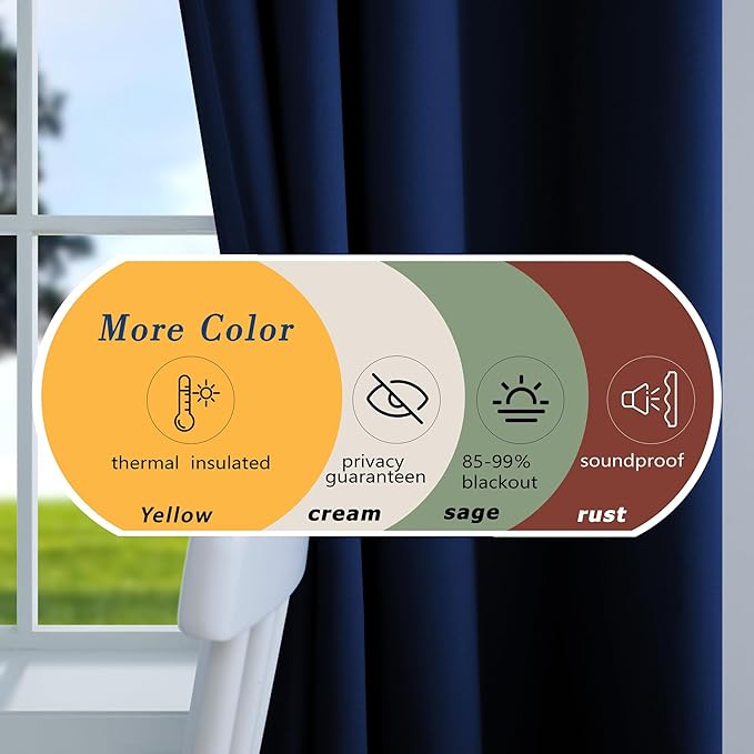 Mrs.Naturall Navy Blue Curtains 42x54 Inch Length for Living Room 2 Panels Blackout Room Darkening Curtain for Bedroom