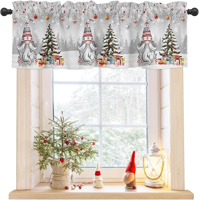 Christmas Gnome Valance Curtains for Kitchen Windows Winter Merry Christmas Tree Balls Rod Pocket Window Treatment Toppers for Kitchen/Living Room/Bedroom/Bathroom, 42" X 12", Grey
