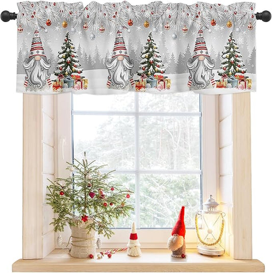 Christmas Gnome Valance Curtains for Kitchen Windows Winter Merry Christmas Tree Balls Rod Pocket Window Treatment Toppers for Kitchen/Living Room/Bedroom/Bathroom, 42" X 18", Grey