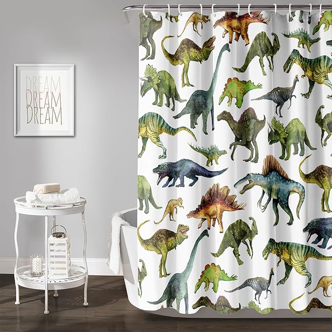 AILONEN Dinosaur Shower Curtain 72" W*78" H for Bathroom,Cartoon Dinosaur Bathroom Shower,Tropical Jungle Dinosaur Kids Boys Bath Curtain Polyester Waterproof Bathroom Curtain with 12 Hooks