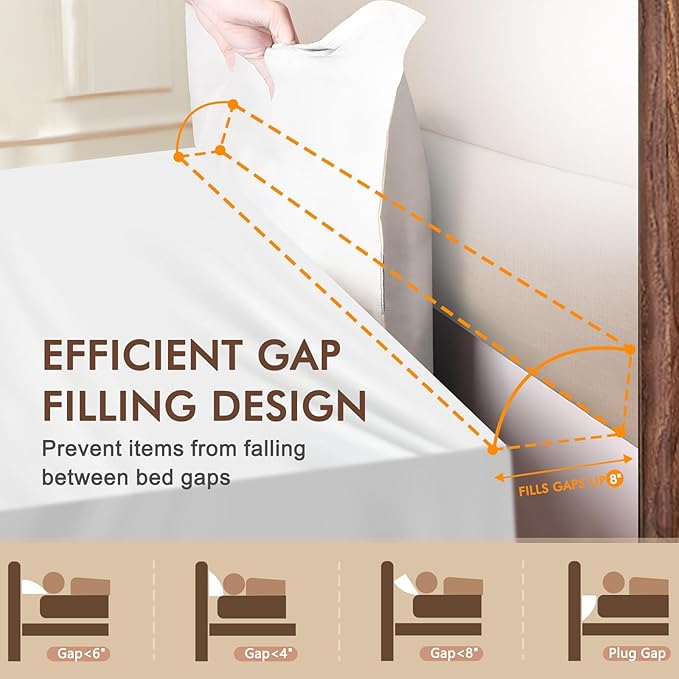 Wedge Pillow Headboard, Pillow Wedge for Headboard Gap with 2 Side Large Pocket, Bed Gap Filler (0-8"), Headboard Wedge Pillow Queen Size(White, 60"x10"x6")