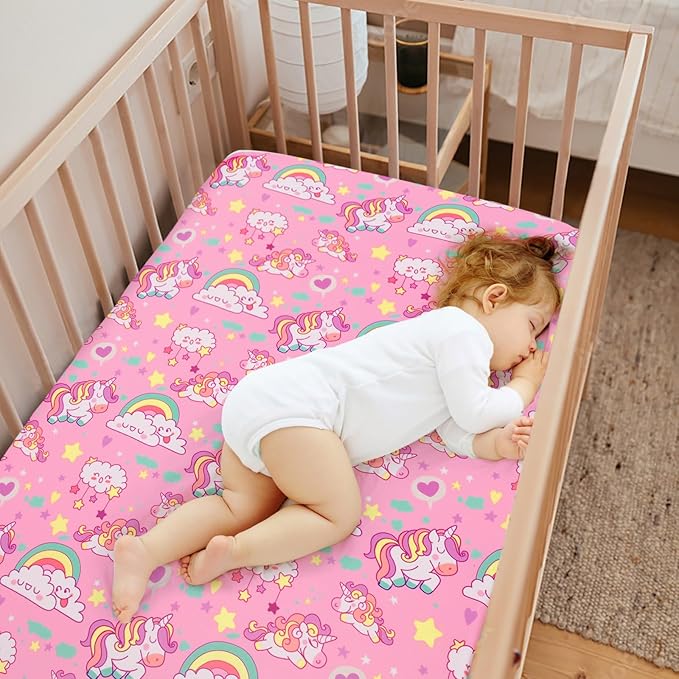 JISEN Baby Crib Sheets Soft Breathable Unicorns Fitted Crib Sheets Pink Baby Sheet for Standard Crib and Toddler Mattress Baby Bed Sheets for Crib for Baby Boys Girls Neutral 52x28 Inch
