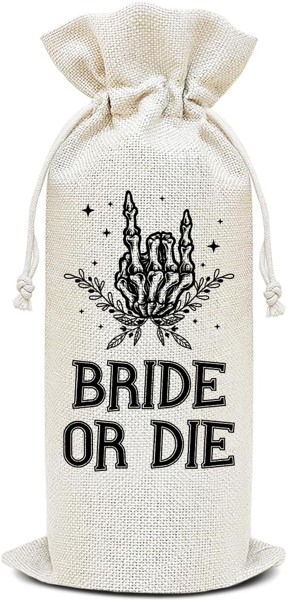 Bride or Die Wine - Wine Canvas Bag, Bachelorette Party Gift for Bride Bridesmaids Gifts Wine Bags for Wine Bottles, Skull Wine Gifts With Drawstring Engagement Bridal Shower Party Decoration -WB15