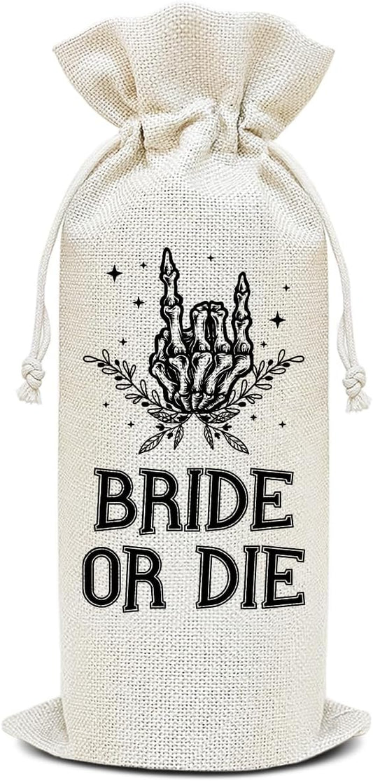 Bride or Die Wine - Wine Canvas Bag, Bachelorette Party Gift for Bride Bridesmaids Gifts Wine Bags for Wine Bottles, Skull Wine Gifts With Drawstring Engagement Bridal Shower Party Decoration -WB15