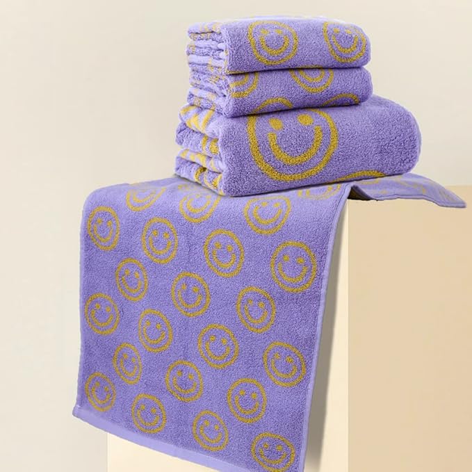 Luxury Purple Yellow Cute Smiling Face Bath Towel Sets for Bathroom, 1 Bath Towels 2 Hand Towels Washcloths, 100% Cotton Ultra Soft Highly Absorbent for Women Kids Girl Boy Face Body