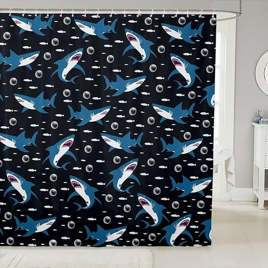 Feelyou Shark Bath Curtain Cute Shark Bathroom Shower Curtain Set for Kids Toddler Boys Girls Cartoon Shark Shower Curtain Shark Ocean Kids Bathroom Accessories 72"x72"