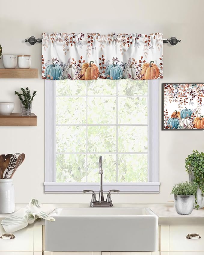 Fall Thanksgiving Kitchen Curtains Valances for Windows Watercolor Autumn Pumpkins Eucalyptus Leaves Rod Pocket Window Treatment for Kitchen /Living Room/Bedroom/ Bathroom,60" X 18", Blue Orange