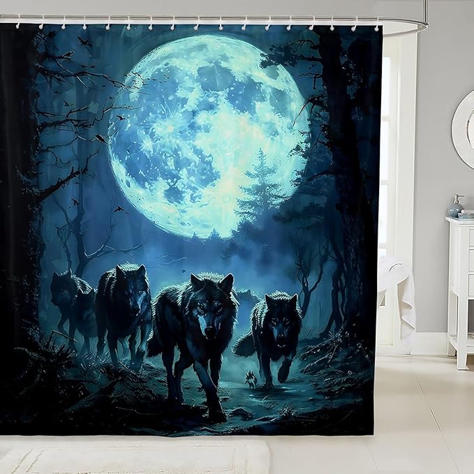 Feelyou Wolf Shower Curtain Wolves Howling Bath Curtain for Kids Blue woles Bathroom Shower Curtain Set Animal Wolves Kids Bathroom Accessories 72"x72"