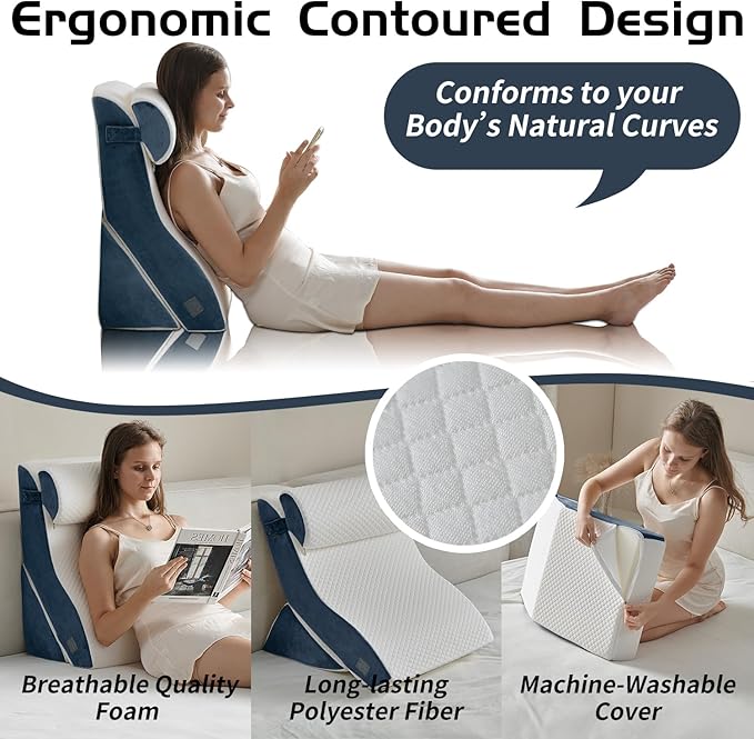 Qirroboni 3PCS Orthopedic Bed Wedge Pillow Set, Adjustable Pillows for Neck, Back and Leg Pain Relief Comfortable & Post Surgery Foam - Heartburn, Anti Snoring, Acid Reflux & GERD Sleeping Indigo