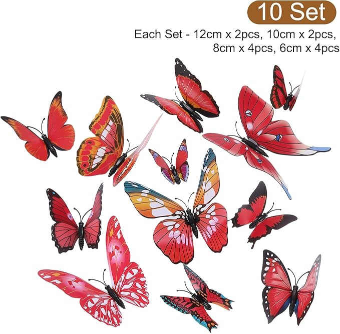 uxcell 120Pcs 3D Beautiful Butterfly Removable DIY Wall Stickers for Bedroom TV Background Decorations, Red