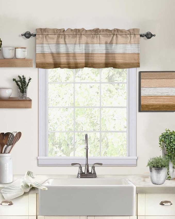 Farmhouse Kitchen Curtains Summer Fall Valances for Windows ,Brown Beach Fall Rod Pocket Country Window Treatment for Kitchen/Living Room/Bedroom/ Bathroom,42" X 18" -1 Panel, Rustic Barn Wood Texture
