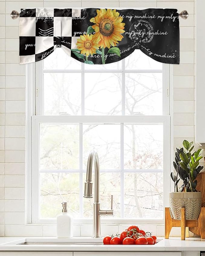 Buffalo Plaid Blackout Tie Up Valance Curtains for Kitchen Windows Farmhouse Sunflower Window Toppers Balloon Shades for Living Room/Bathroom/Bedroom,1 Panel,60" X 18" Autumal Wild Flower