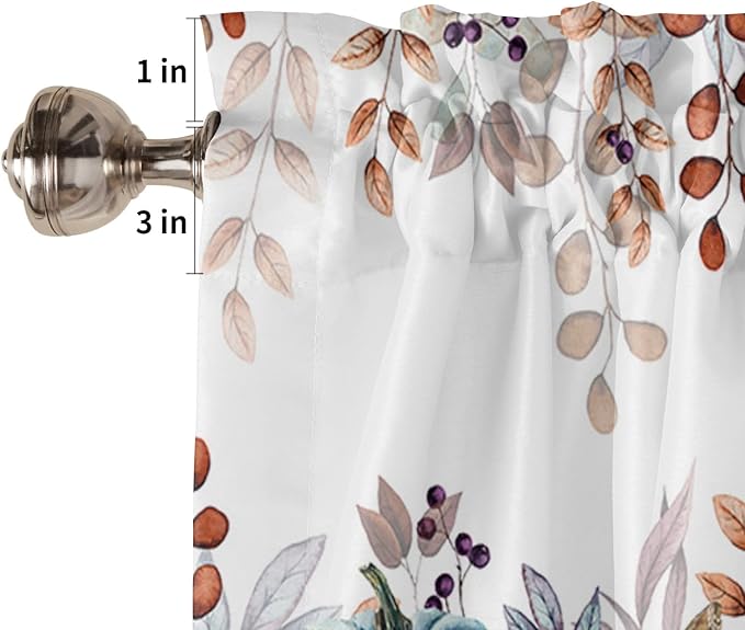 Fall Thanksgiving Kitchen Curtains and Valances Set,Watercolor Autumn Pumpkins Eucalyptus Leaves Small Window Treatments Tiers Half/Short Curtains for Cafe /Living Room/ Bedroom 54x 36 in,Blue Orange