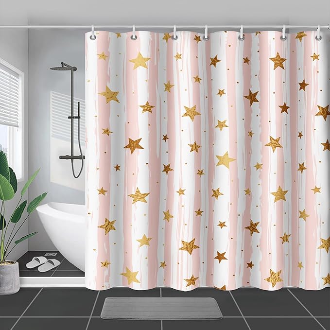 AILONEN Stars Shower Curtain, Pink Striped and Gold Stars Waterproof Shower Curtain,Simple Vintage Style Shower Curtain Liner for Girls Women Adults,72" W*78" H