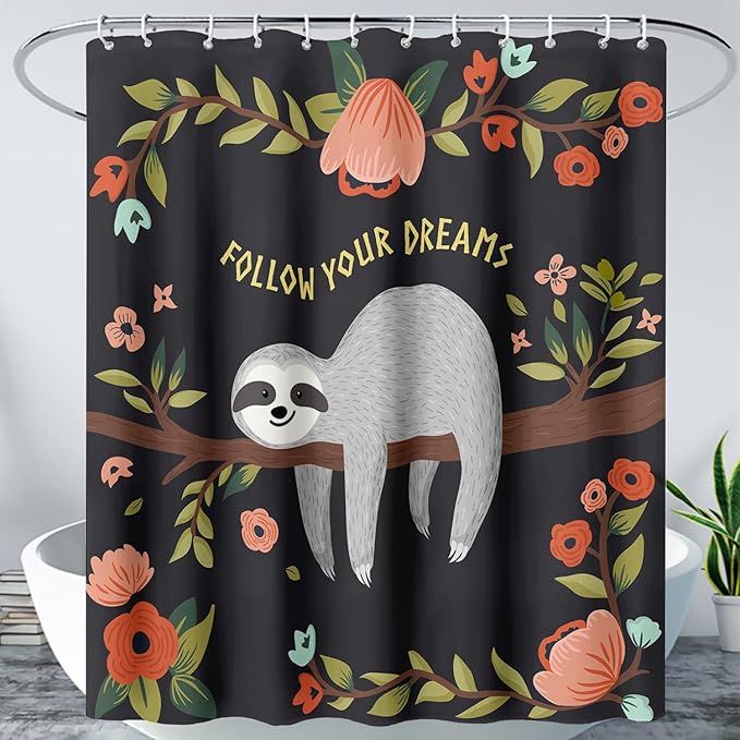 AILONEN Kawaii Sloth Shower Curtain for Bathroom Decor,Floral Sloth Bath Curtain for Kids Boys Girls,Polyester Waterproof 72" W*78" H with 12 Plastic Hooks