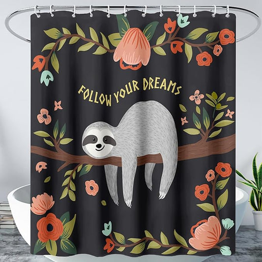 AILONEN Kawaii Sloth Shower Curtain for Bathroom Decor,Floral Sloth Bath Curtain for Kids Boys Girls,Polyester Waterproof 72" W*96" H with 12 Plastic Hooks
