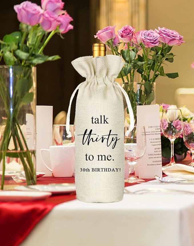 Birthday Gift Wine Bags, Funny Birthday Gift Ideas for Men or Women Turning 30, 30th Birthday Party Decorations, Gift for Friend Sister Brother Coworkers Colleague - Burlap Drawstring Wine Bag Gift
