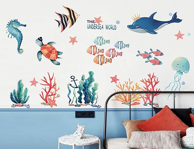 8 Sheets Under The Sea World Wall Decals Ocean Animals Wall Decals Removable DIY Ocean Fish Seahorse Coral Turtle Wall Decor for Kids Baby Bathroom Bedroom Living Room Playroom TV Wall Decor