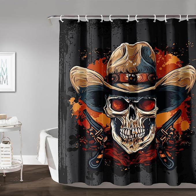 AILONEN Gothic Skull Shower Curtain for Bathroom,Graffiti Fire Gun Skull Black Art Bathroom Curtain for Kids Girls Teen,Bath Curtain 36" W*72" H Polyester Waterproof Bathroom Curtain with 12 Hooks
