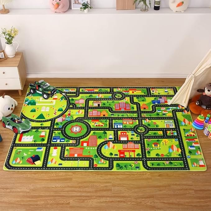 Kids Carpet Playmat Rug 5x7 Ft City Life Game Play Area Rug Kids Baby Childern Educational Road Traffic Play Mat Super Soft Non Slip Car City Map for Toddler Nursery Playroom Classroom, Grey