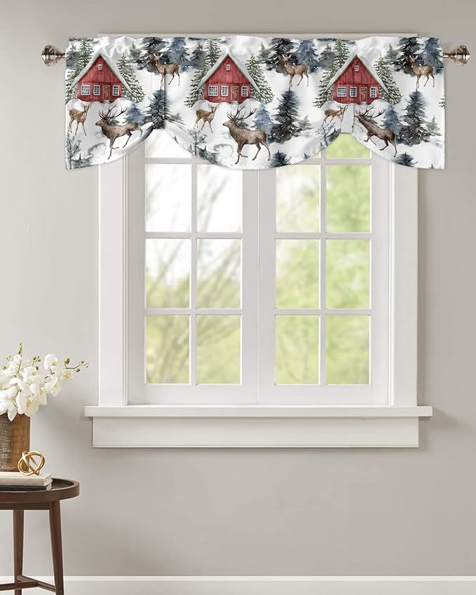 Christmas Blackout Tie Up Valance Curtains for Kitchen Windows Red Farmhouse Barn Window Toppers Balloon Shades for Living Room/Bathroom/Bedroom,1 Panel,42" X 18" Elk