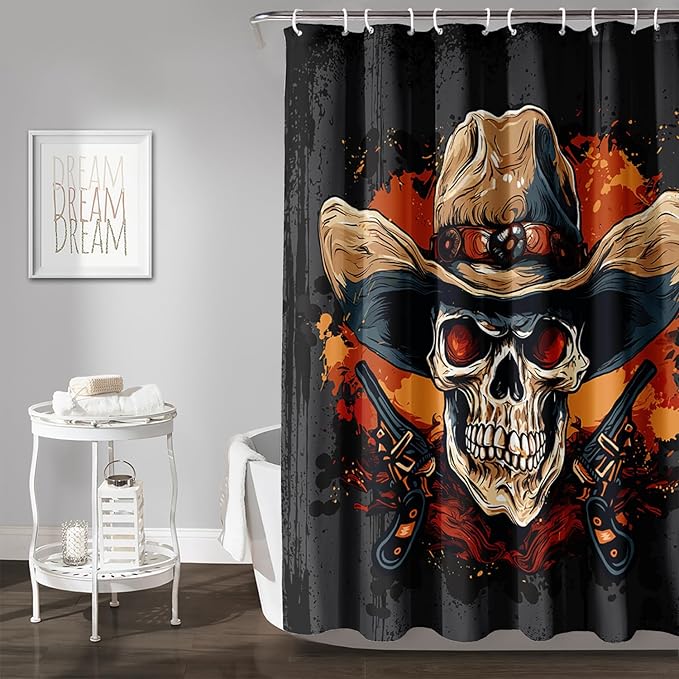 AILONEN Gothic Skull Shower Curtain for Bathroom,Graffiti Fire Gun Skull Black Art Bathroom Curtain for Kids Girls Teen,Bath Curtain 72" W*96" H Polyester Waterproof Bathroom Curtain with 12 Hooks