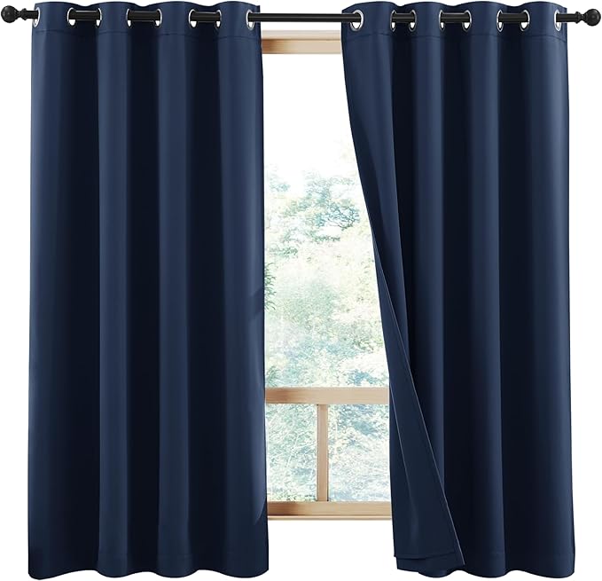 NICETOWN 100% Blackout Curtain Panels, Thermal Insulated Same Color Liner Curtains for Nursery Room, Noise Reducing Cold Blocking Drapes for Windows (Navy Blue, Set of 2, 52-inch Wide by 63-inch Long)
