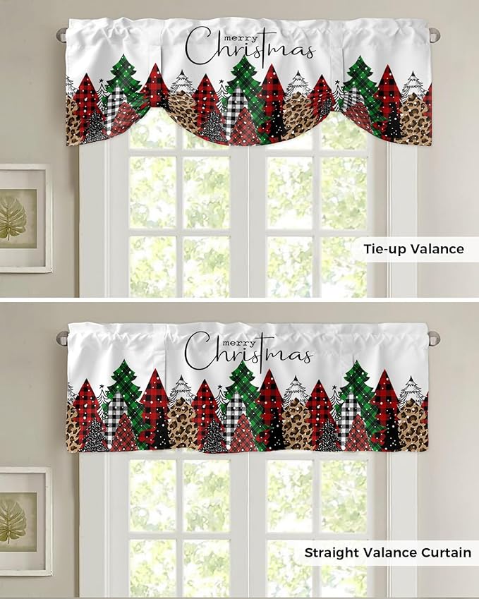 Merry Christmas Blackout Tie Up Valance Curtains for Kitchen Windows Buffalo Plaid Xmas Tree Winter Forest Farmhouse Window Toppers Balloon Shades for Living Room/Bath/Bedroom, 54" X 18", Red Green