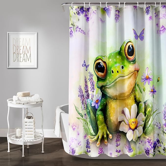 AILONEN Cartoon Frog Shower Curtain, Cute Green Frog Shower Curtain Set with Hooks for Kids Boys Girls,Purple Flowers Tropical Amphibian Waterproof Fabric Shower Curtain for Bathroom,72" W*72" H