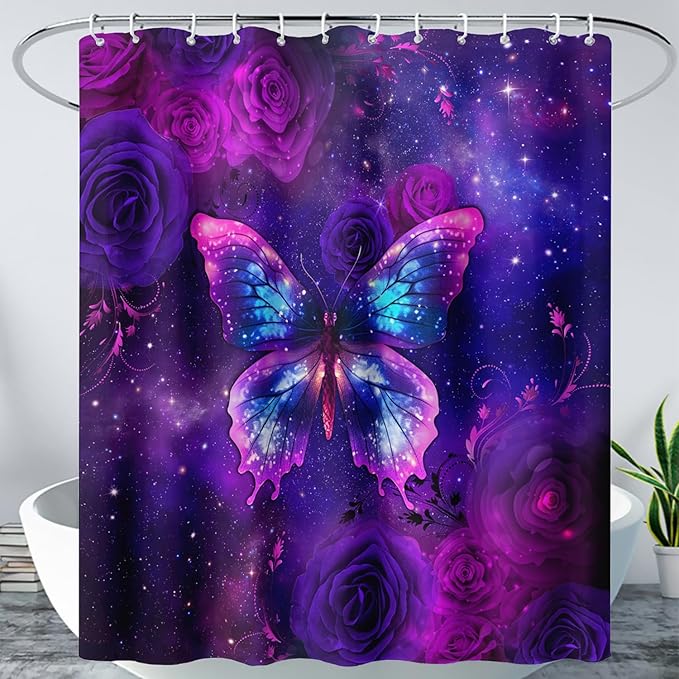 AILONEN Butterfly Shower Curtain Bathroom 60" W*72" H Sparkly Purple Butterfly and Rose Curtain Cloth Fabric Bathroom for Girls Kids,Deep Purple Shower Curtain Set