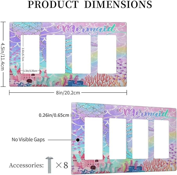 Silvery Glitter Cute Mermaid Tail Fantasy Castle 4 Gang Rocker Decora Light Switch Cover Outlet Covers Wall Plate Decorative Switchplate Electrical Faceplate GFCI for Kidroom Nursery Bedroom Decor