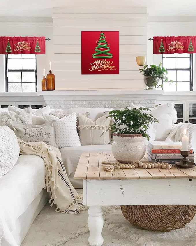 Vandarllin Merry Christmas Kitchen Curtains Valances for Windows Christmas Tree Rod Pocket Window Treatment for Kitchen/Living Room/Bedroom/Bathroom,42" X 12" -1 Panel, Winter Holidays