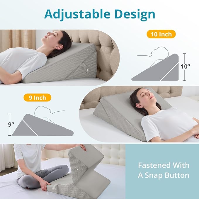 Sasttie Wedge Pillow for Sleep Apnea, 10 Inch Adjustable Bed Wedge Pillow for Back Pain, Acid Reflux Relief, Memory Foam Triangle Pillow Wedge for Sleeping, Post Surgery, Knee Elevation, Light Grey