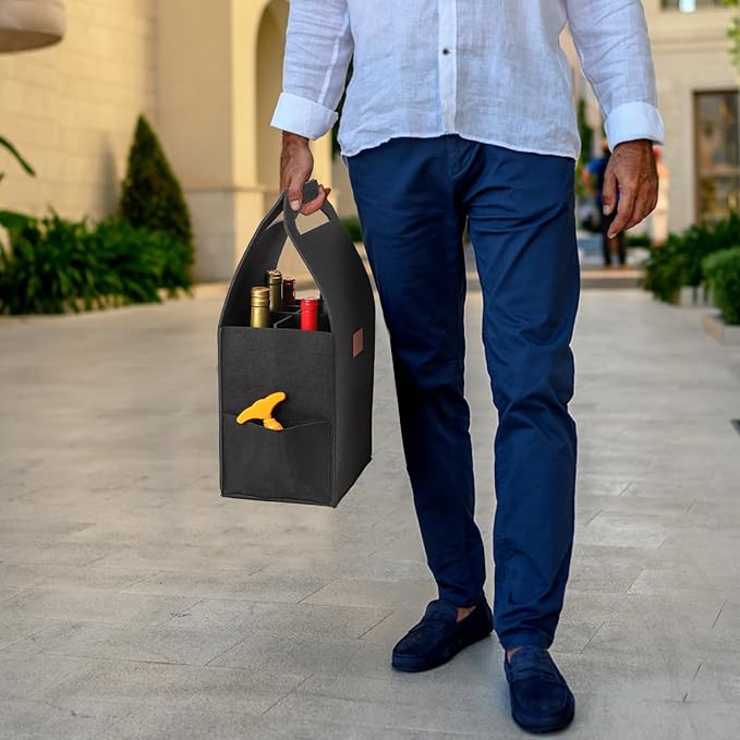 Peohud 6 Bottle Wine Carrier Tote, 3 Pack Thick Felt Wine Bottle Bags with Removable Divider, Portable Wine Gift Bag Reusable Grocery Bags for Travel, Camping, Picnic, Perfect Wine Lover Gift