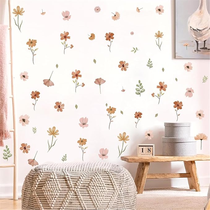 Small Flowers Wall Sticker Boho Floral Leaf Wall Decal Watercolor Botanical Leaves Wall Decals Plants Flowers Wall Stickers Removable Retro Floral Wall Decals for Nursery Bedroom Decor
