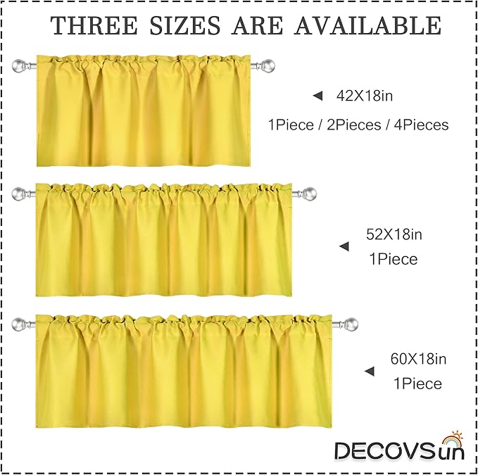 Bright Yellow Valance for Windows 52x18 Inch Solid Blackout Rod Pocket Kitchen Short Curtain Toppers Valance for Bathroom Living Room, Light Yellow