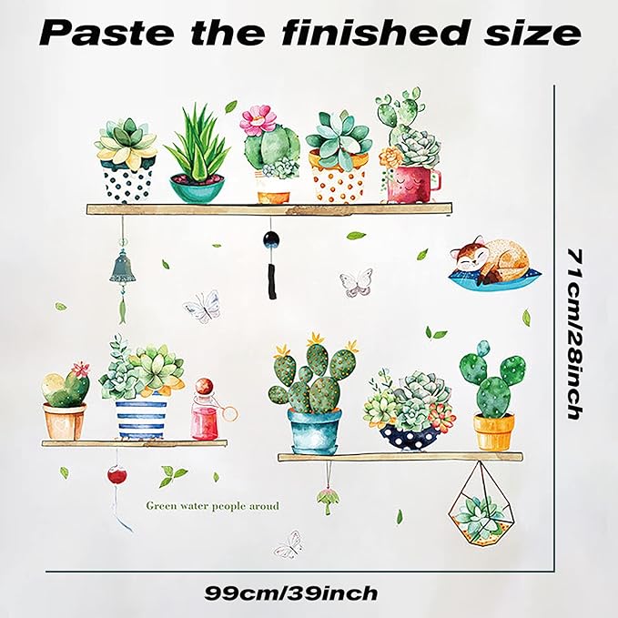 Green Cactus Potted Wall Decals Tropical Plants Wall Stickers DIY Peel and Stick Art Murals, Art Decorations Decor for Kids Bedroom Kitchen Office Girl Room