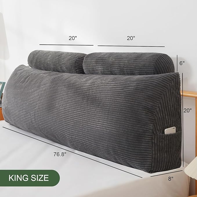 HIGOGOGO Wedge Headboard Pillow, Bed Rest Reading Pillow, Backrest Positioning Support Bolster Cushion with Removable Cover,King Size 76.8X20.4X8.4,Dark Grey