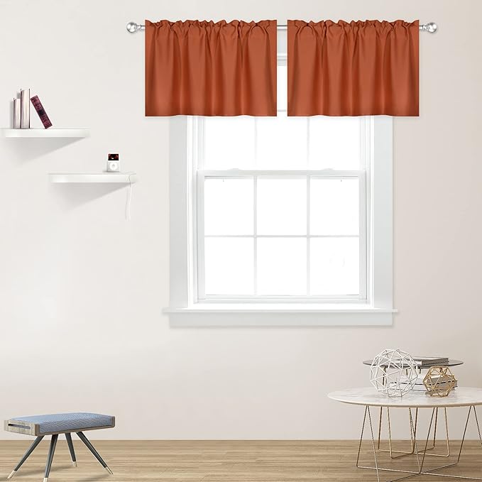 Burnt Orange Valance - Rust Valance for Windows 2 Panels 42x18 Inch Solid Blackout Rod Pocket Kitchen Short Curtain Toppers Valance for Bathroom Living Room, Terracotta