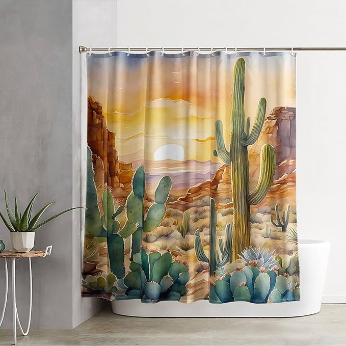 AILONEN Watercolor Cactus Shower Curtain,Orange Succulent Flower Waterproof Shower Curtains Set for Boys Kids Teens, 72" W*78" H Sunset Mountains Cactus Forest Shower Curtain