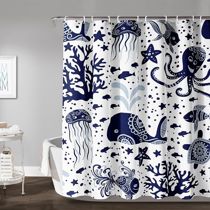 AILONEN Cartoon Dolphin Shower Curtain for Kids 36" W*72" H Inch,Blue Whales Octopuses Turtles Pattern Shower Curtain,Ocean Life Theme 12 Pack Hooks Polyester Waterproof Fabric Decor for Bathroom